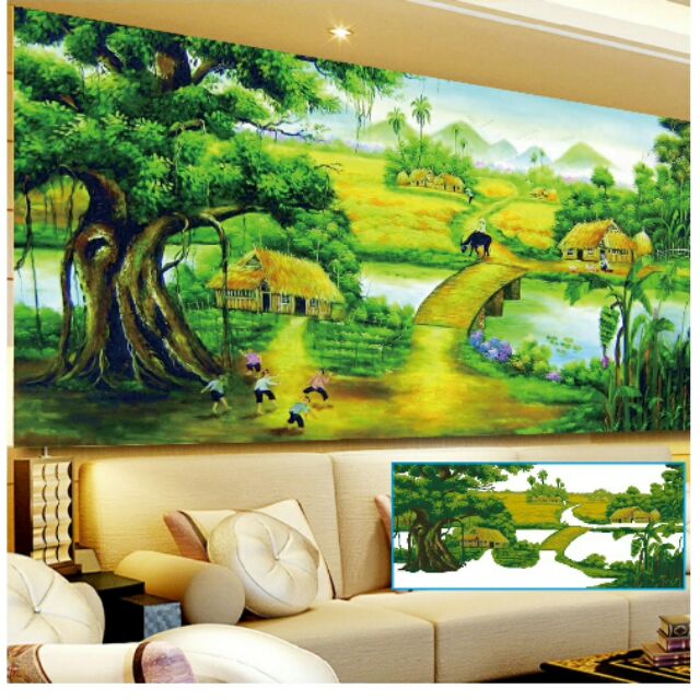Tranh đính đá phong cảnh làng quê 2mx98cm