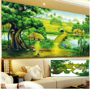 Tranh đính đá phong cảnh làng quê 2mx98cm