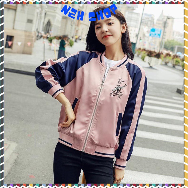 Áo Khoác Dù Bomber 2 Lớp Nam Nữ Dây Kéo Thêu Hoa Anh Đào Thời Trang Unisex 2021-N2H Shop