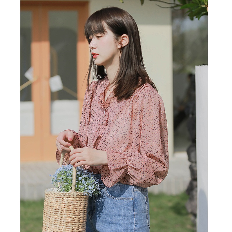 Áo sơ mi chiffon tay dài in họa tiết hoa phong cách retro thời trang