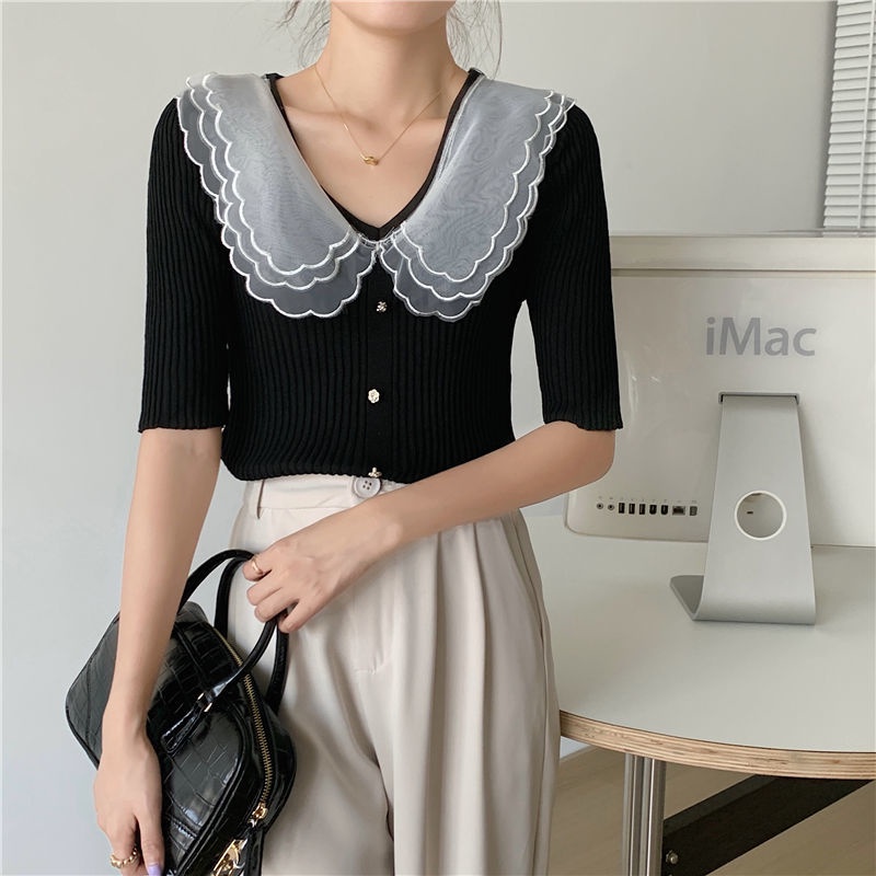 Áo Len Tay Ngắn Cổ Búp Bê Phong Cách Hàn Quốc Dành Cho Nữ