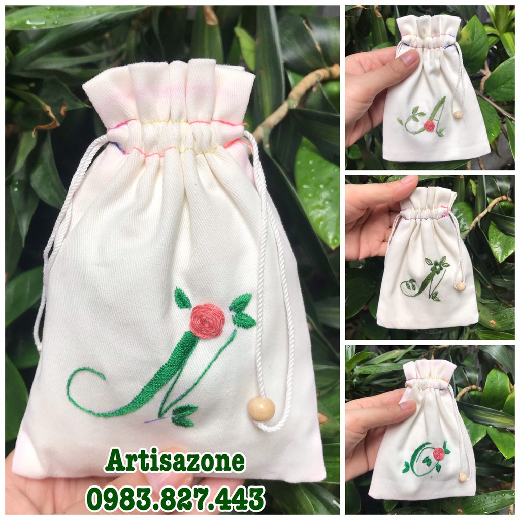 Túi vải dây rút mini thêu chữ cái - Kích thước: 11cm x 14cm- 01 chiếc (Đọc kỹ mô tả sản phẩm)
