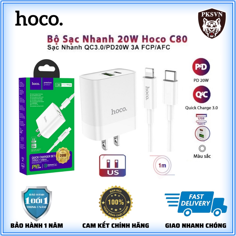 Bộ Sạc Nhanh IPHoco C80/C80A Cao Cấp-Bộ Củ Sạc Nhanh PD 20W (QC3.0) 2 Cổng USB Và Type-C Kèm Cáp C To