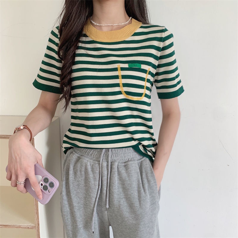 Áo Sweater Dệt Kim Phối Màu Tương Phản Có Túi Nhỏ Họa Tiết Kẻ Sọc Màu Tương Phản Phong Cách Hàn Quốc Mới