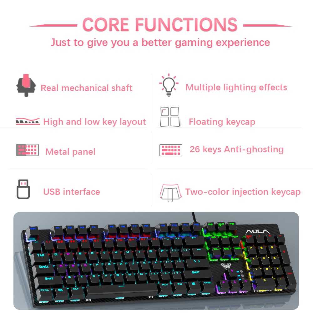 AULA S2022 Gaming Keyboard Bàn Phím Cơ Gaming Mechanical  Keyboard 104keys with RGB LED Lights