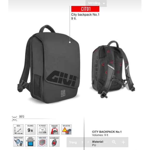 Balo laptop chống nước Givi CIT01 , ba lô chống nước givi CIT01 , balo givi , hàng givi chính hãng, mới 100%