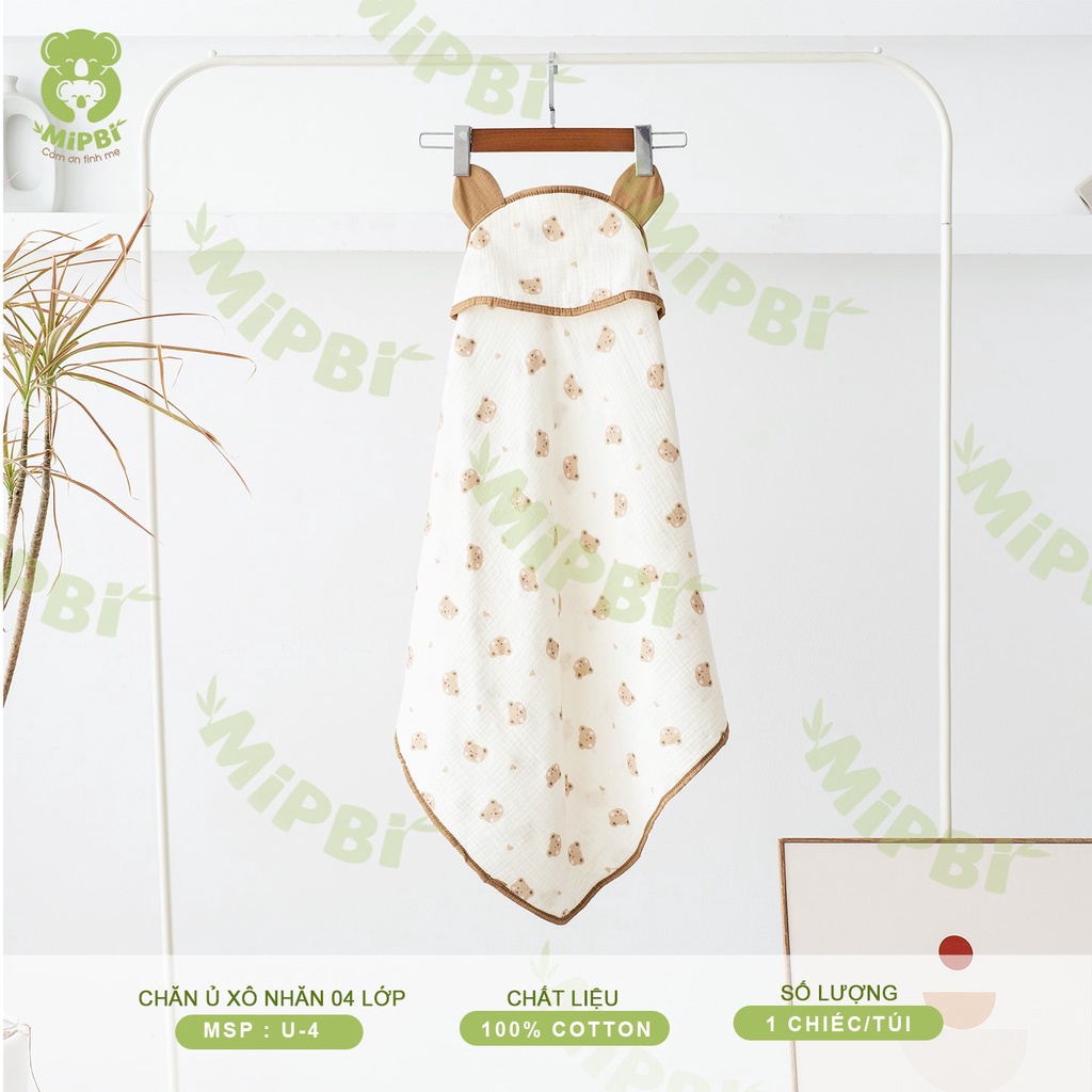 Choàng Ủ Xô Muslin Mipbi 4 Lớp Có Mũ Siêu Thoáng Mát Mềm Mịn Cho Bé Sơ Sinh Hàng Loại 1