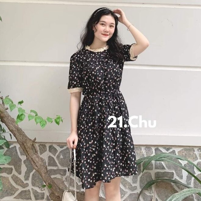 Đầm hoa nhí vintage dáng dài viền ren cộc tay váy tiểu thư dáng dài ulzzang váy bầu đẹp mặc xinh