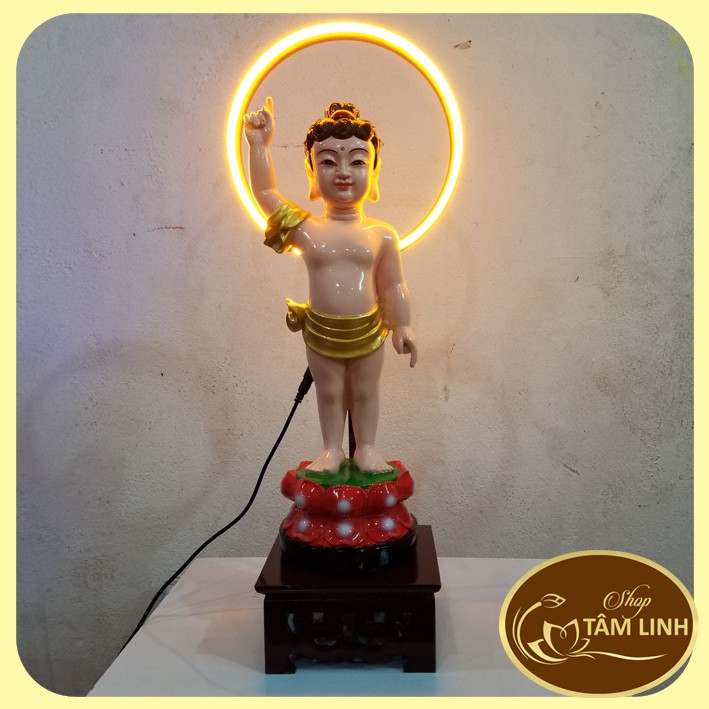 Tượng Đản Sanh cao 38 cm+Hào Quang Led cao 54 cm + Đôn gỗ vuông 14cm Mẫu Kệ Đèn Đẹp GIÁ SIÊU RẺ