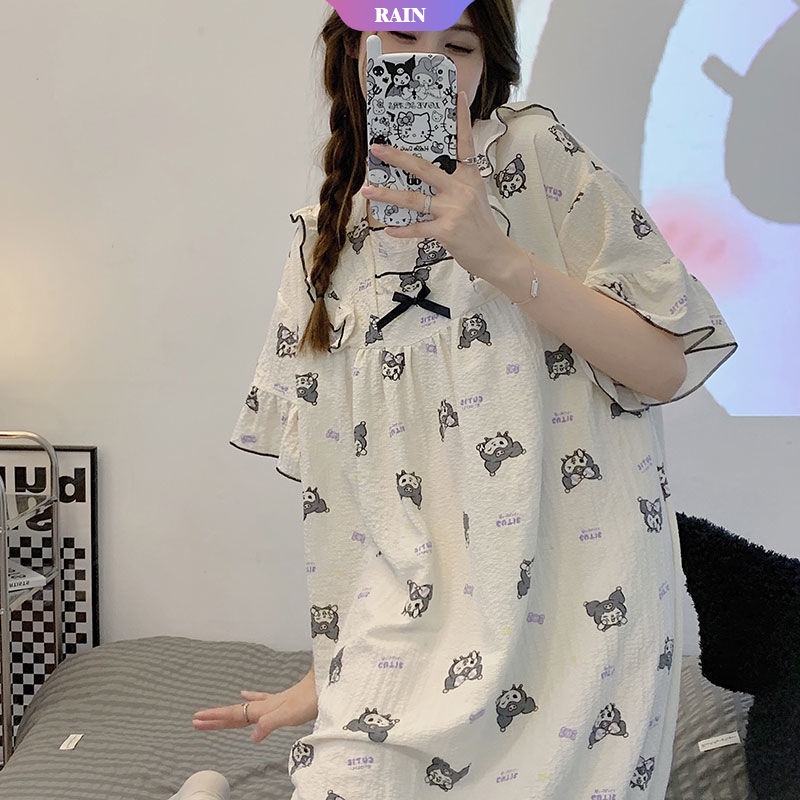 Đầm Ngủ Tay Ngắn Phối Bèo Dáng Rộng In Họa Tiết Hoạt Hình Sanrio Kuromi Đáng Yêu Cho Nữ