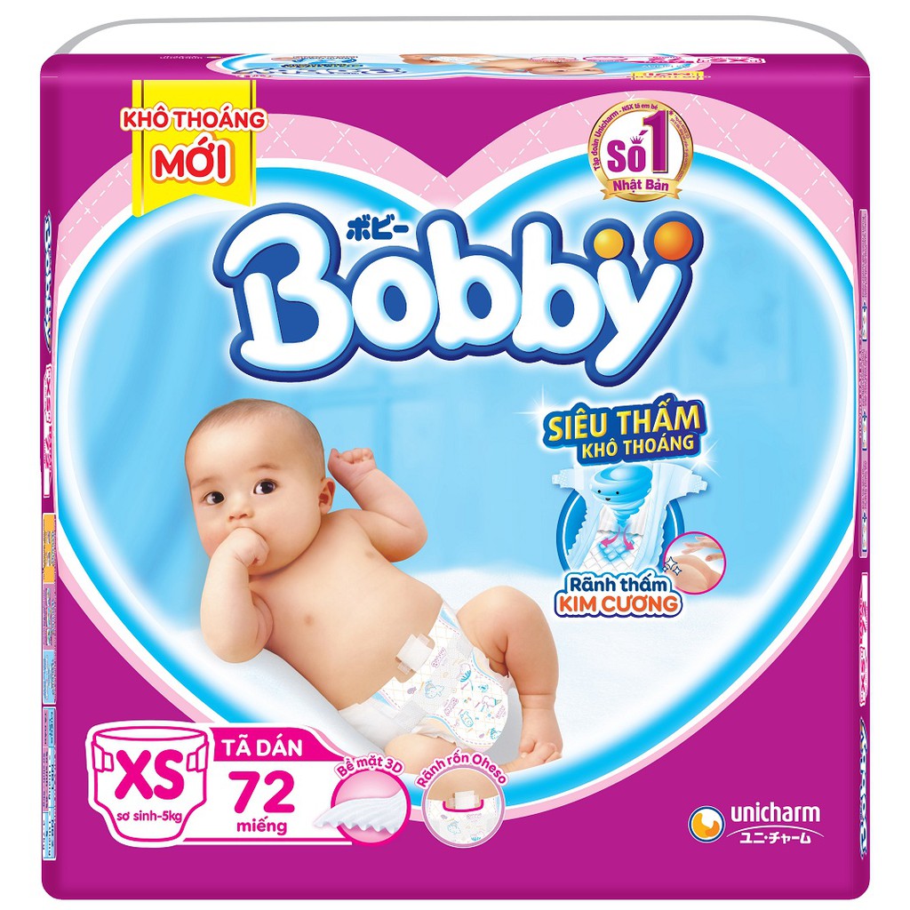 [Mã SRBACK101512 hoàn 20K xu đơn 0Đ] Tã dán Bobby size XS - 70 miếng (cho bé < 5kg)