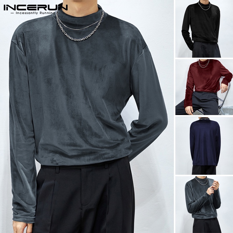 Áo thun INCERUN tay dài cổ cao chất liệu vải nhung kiểu dáng đơn giản thời trang cho nam