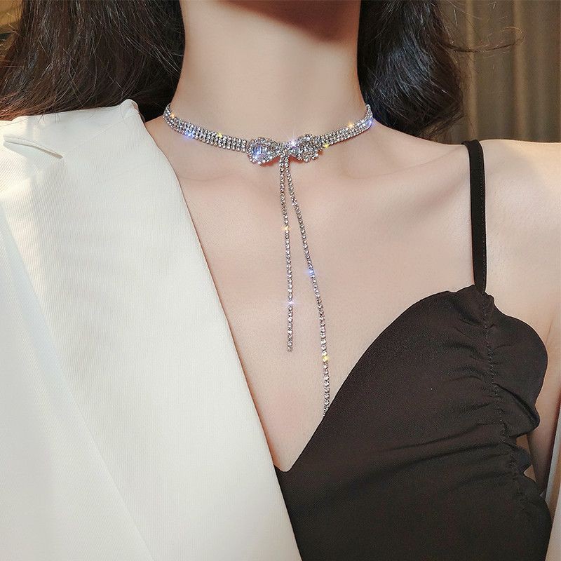 Vòng cổ chocker nữ - Dây chuyền khảm bạc S925 đính đá gắn nơ thanh lịch