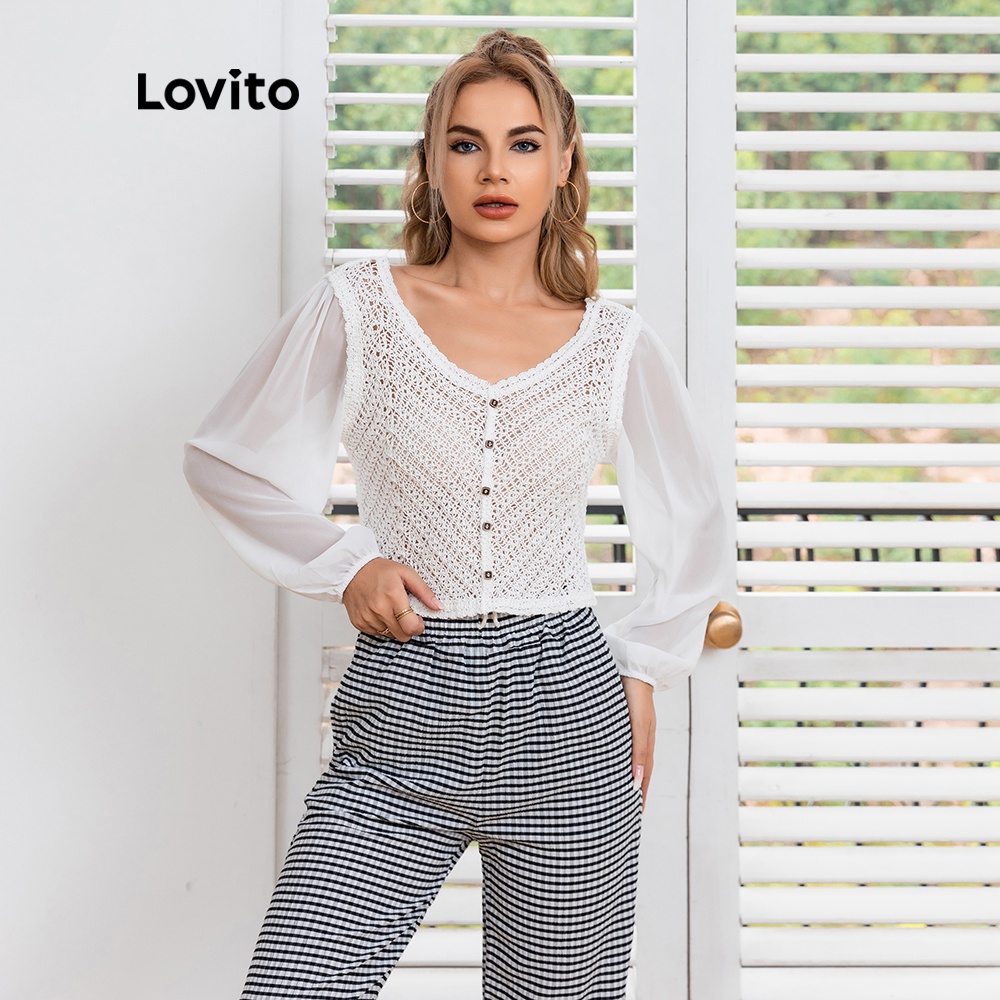 Áo kiểu Lovito phối lưới màu tương phản khoét lỗ L06163 (màu trắng)