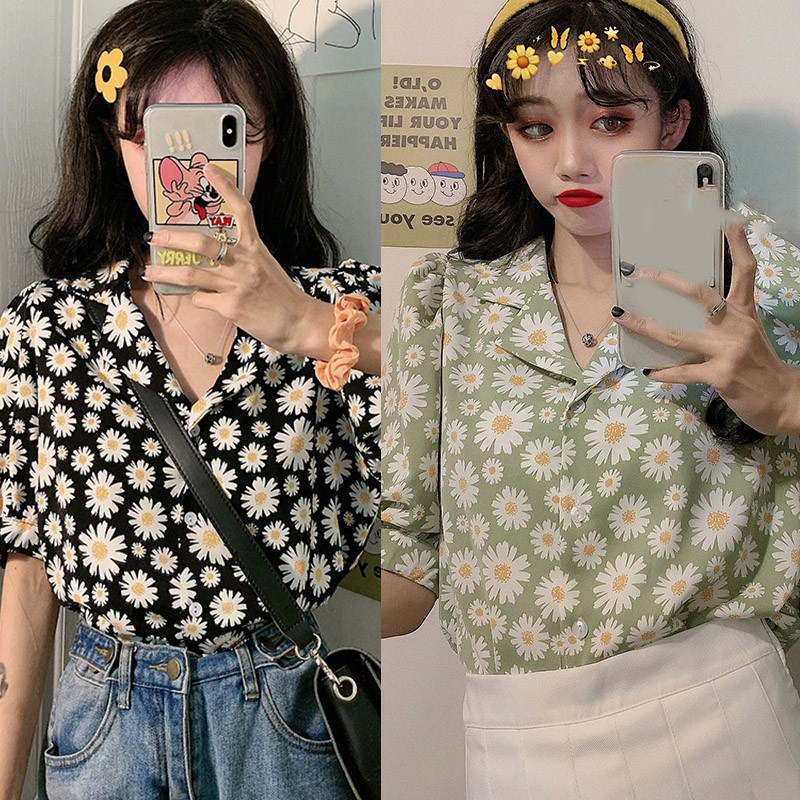 Áo Sơ Mi Ngắn Tay Dáng Rộng In Hoa Cúc Xinh Xắn Cho Nữ