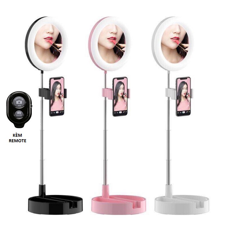 Gương Tròn Trang Điểm Makeup, Đèn Led Chỉnh 3 Màu Remote Tăng Giảm Chiều Cao, Gấp Gọn, Livestream