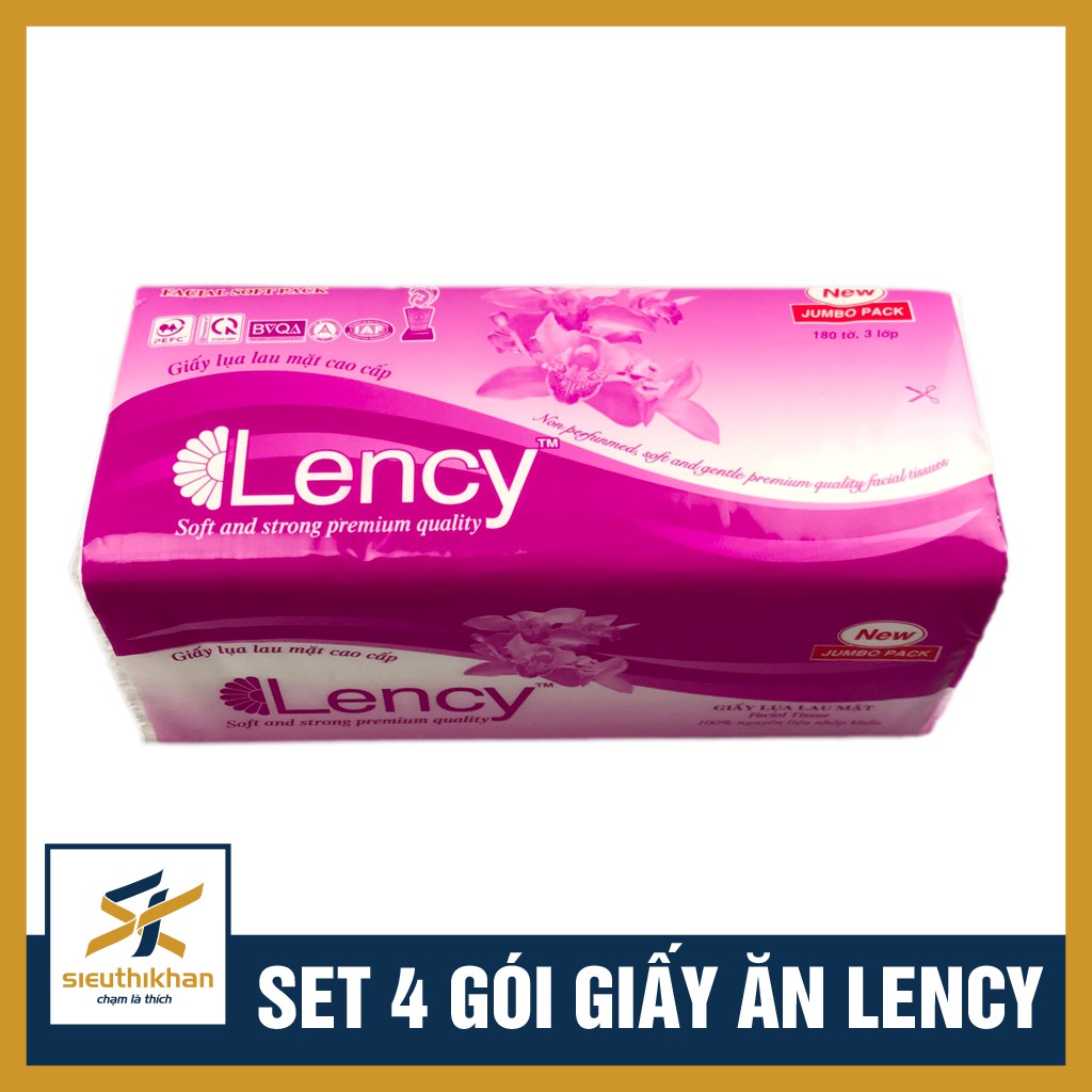 SET 4 GÓI GIẤY ĂN RÚT LENCY 180 TỜ, 3 LỚP, KÍCH THƯỚC 20X19CM