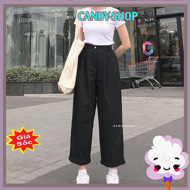 Quần Kaki Nữ Ống Suông Rộng Lưng cao Bigsize màu Trắng Đen hot trend candy-shop.