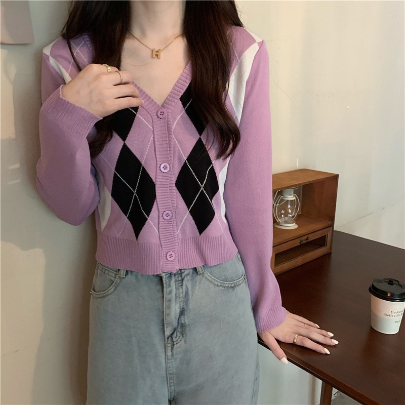 Áo khoác cardigan SUXI tay dài cổ chữ V họa tiết hình thoi thời trang thu phong cách Hàn Quốc cho nữ