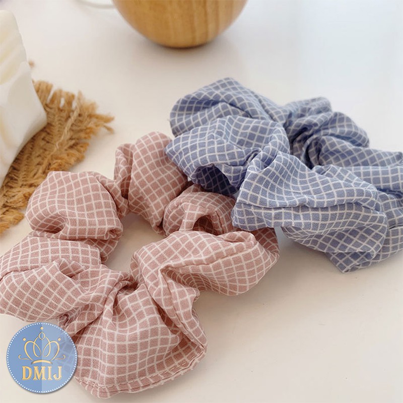 Cột Tóc Vải Scrunchies Họa Tiết Caro Nhỏ Phong Cách Vintage