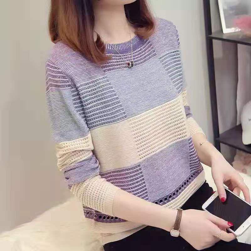 Áo Thun Dài Tay Họa Tiết Sọc Ngang Nhiều Màu Sắc Phong Cách Hàn Quốc Mới Cho Nữ