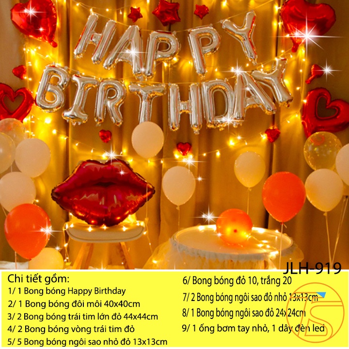 Set Trang Trí Sinh Nhật Hình Đôi Môi Và Bong Bóng Happy Birthday Màu Trắng Có Đèn Led Kèm Ống Bơm Tay