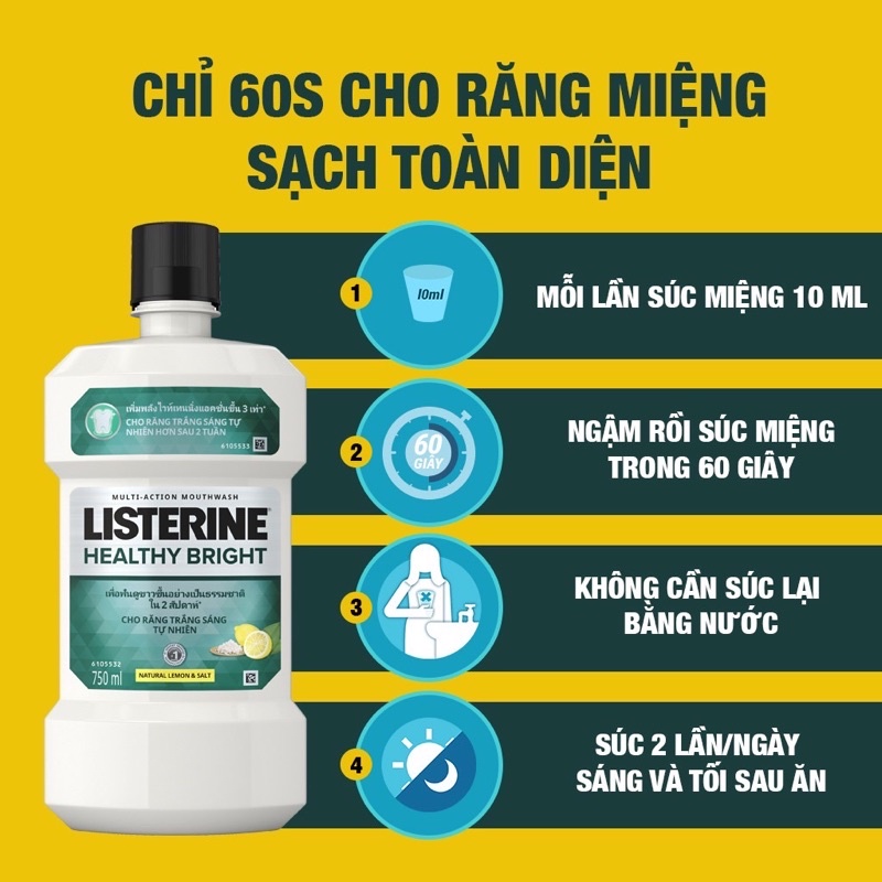 Nước súc miệng giúp răng trắng sáng tự nhiên Listerine Healthy Bright 750ML