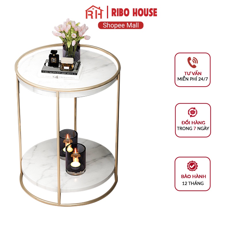 Bàn trà tròn sofa RIBO HOUSE mặt đá 2 tầng, bàn decor phòng khách ban công tiệm nails spa salong tóc mẫu 8 RIBO185
