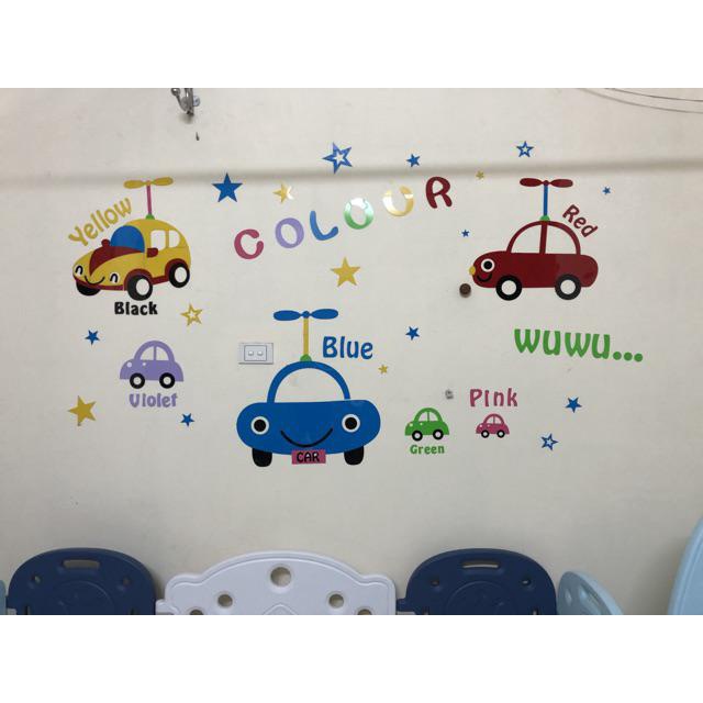 Tranh dán tường mica 3d decor khổ lớn đội xe hơi sắc màu trang trí mầm non, phòng cho bé Nhiều Size - EPeBen