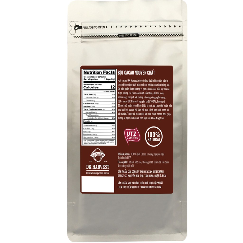 Bột Cacao Nguyên Chất DK Harvest - Khối Lượng 100g - Đồ Uống An Toàn Cho Sức Khỏe - CaCao Nguyên Chất