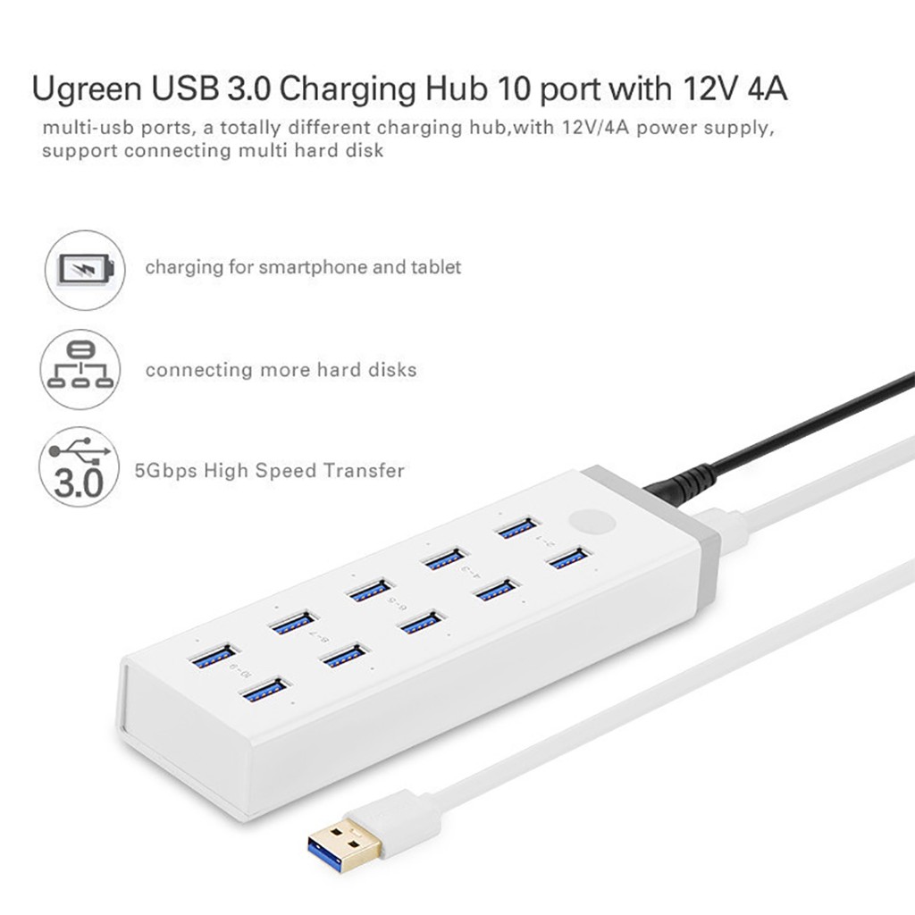 Bộ Chia USB 3.0 10 Cổng Cao Cấp UGreen 20297 - Tốc Độ 5Gbps, Nguồn 12V 5A