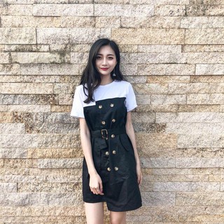ORDER Đầm kate phối áo thun trắng kèm đai