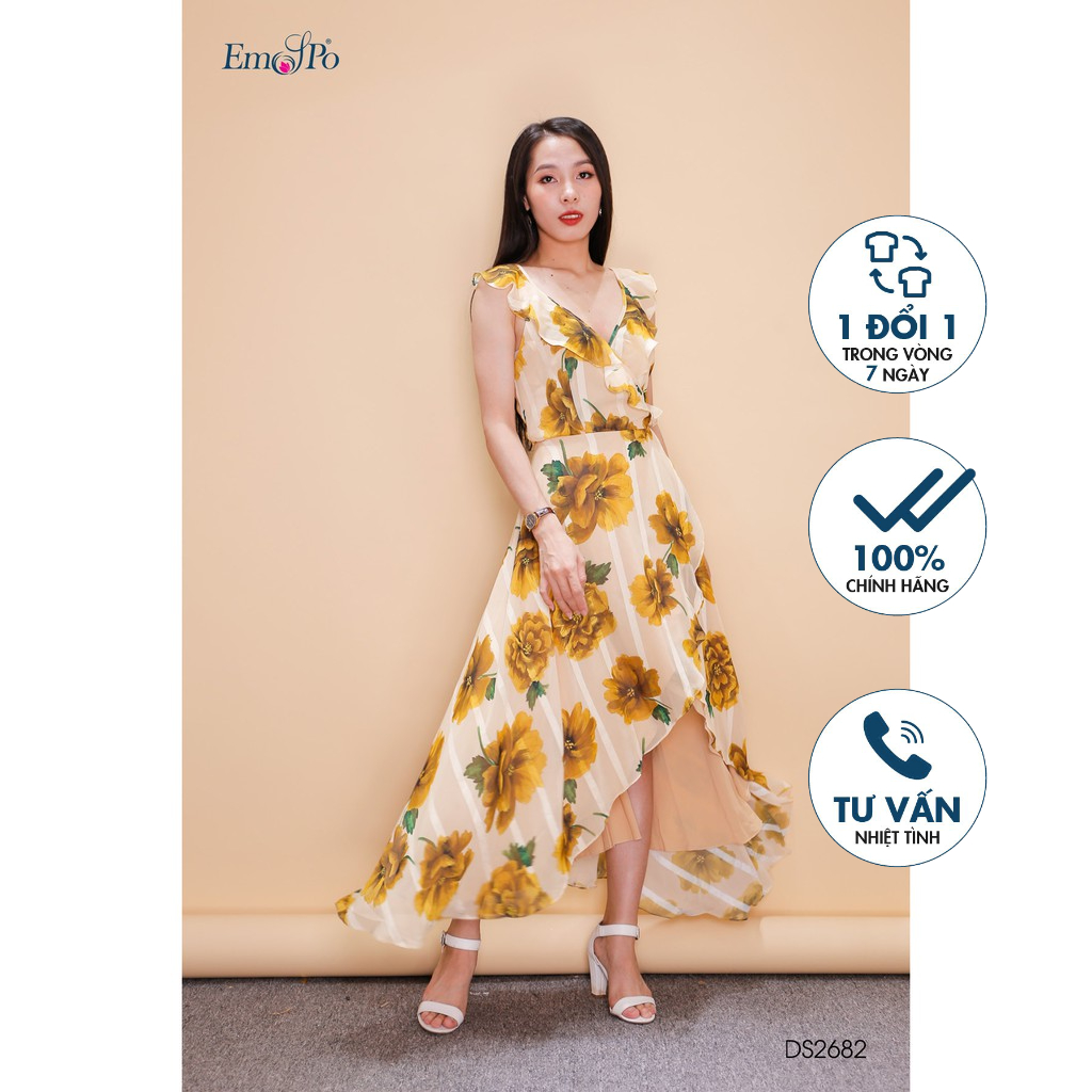 Đầm hoa xòe 2 dây, phối bèo Emspo DS2682 (Xanh, Vàng)