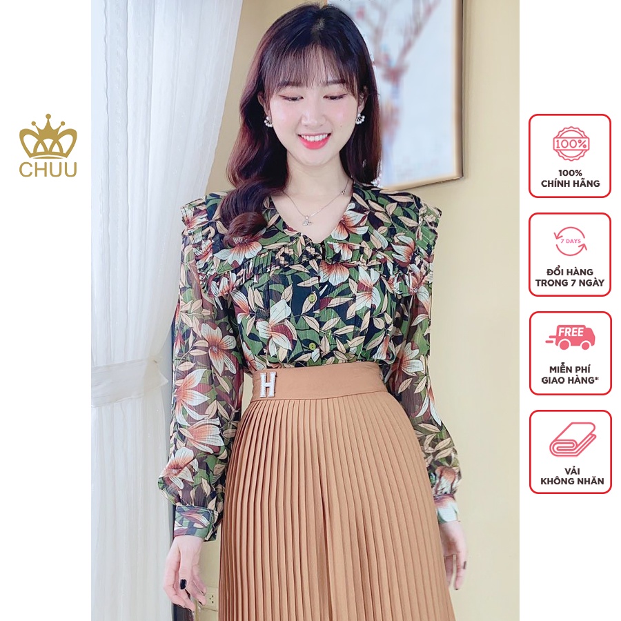 Áo sơ mi vạt vuông họa tiết hoa lá nhiệt đới CHUU A60004