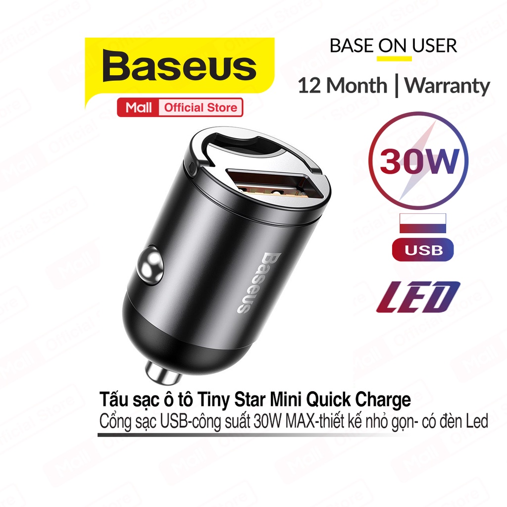 Tẩu sạc hợp kim nhôm cao cấp Baseus Tiny Star Mini cổng USB công suât 30W Max có đèn Led sạc nhanh cho xe ô tô