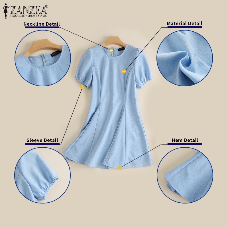 Đầm ZANZEA tay ngắn khóa kéo thời trang phong cách hàn quốc cho nữ
