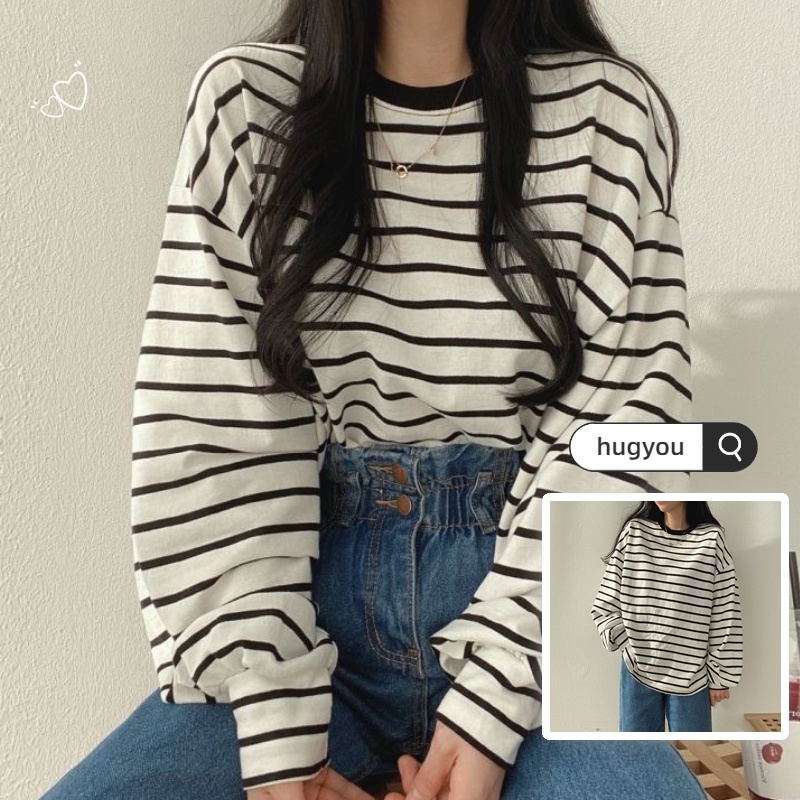 Áo Thun Dài Tay Dáng Rộng Họa Tiết Kẻ Sọc Thiết Kế Mới Thời Trang Theo Phong