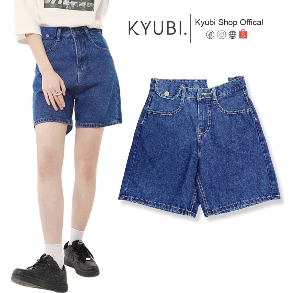 Quần short jean ngố nữ lưng cao Ulzzang Kyubi có nắp túi cá tính [Jean Đậm Nhạt] - Jean Ngố Kyubi JN5T