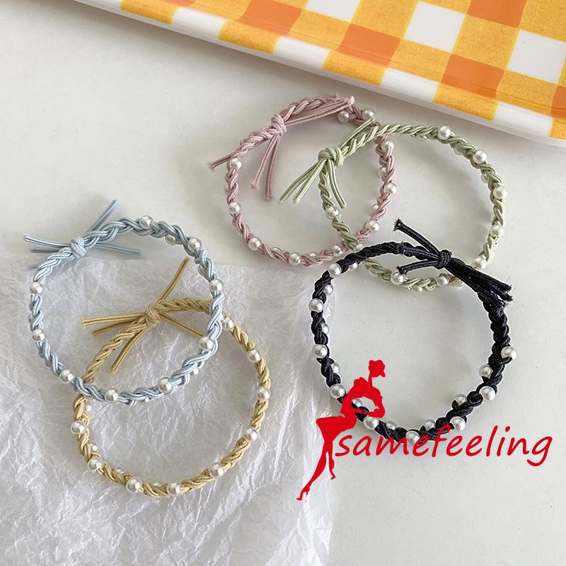 SF♫Pearl Bracelet Hair Circle, Candy Colored Rubber Band Three Thread Braided Headdress, Women´s Hair Accessories