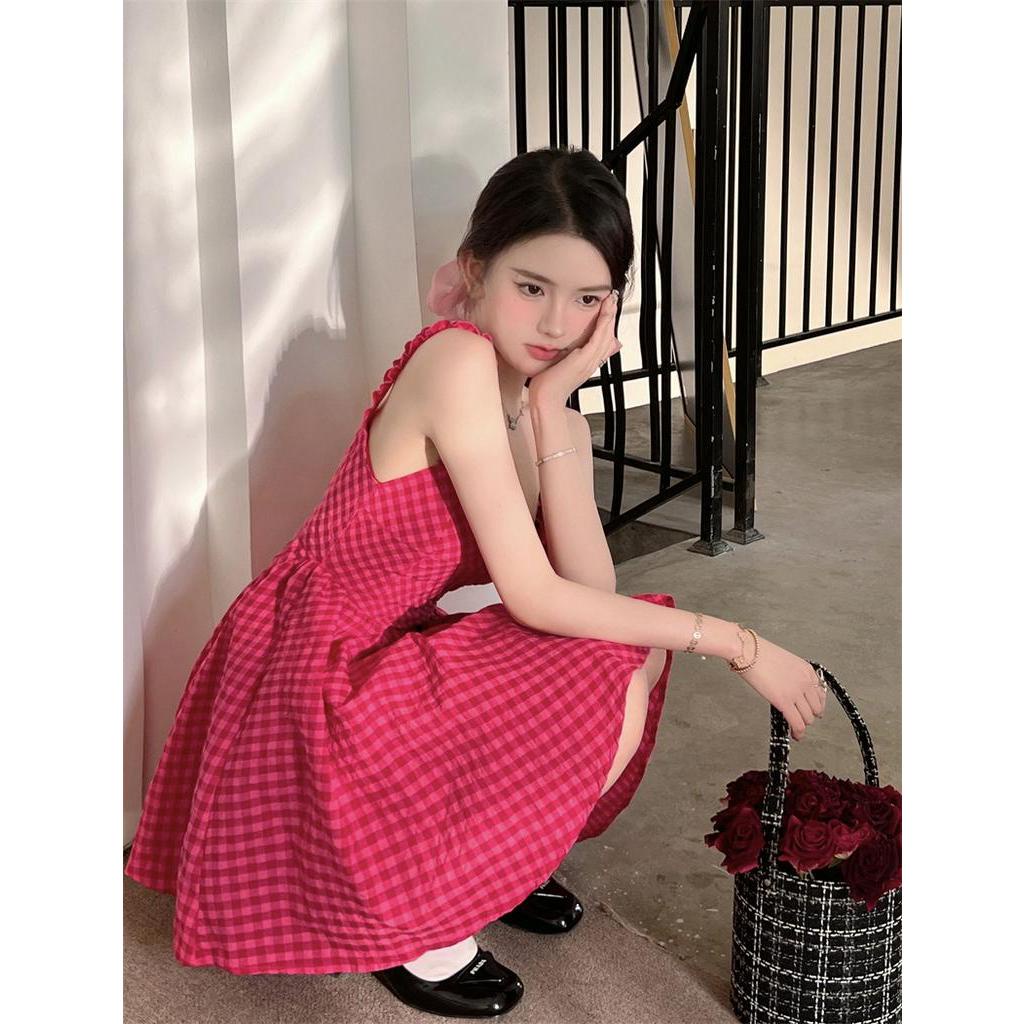 Đầm Hai Dây Mùa Hè Tay Ngắn Họa Tiết Kẻ Sọc Caro Ngọt Ngào Mới Cho Nữ