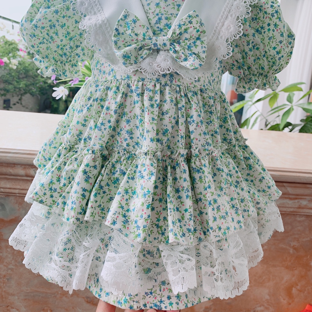 Váy Đầm Cho Bé FREESHIP Đầm Công Chúa Hoa Nhí Xanh Dương - Váy Lolita Bé Gái Kèm Turban Xinh
