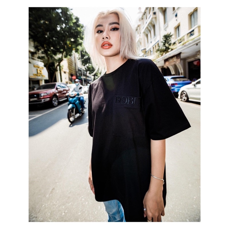 Áo thun BOBUI, áo thun thêu logo basic BOBUI full tag túi - màu đen