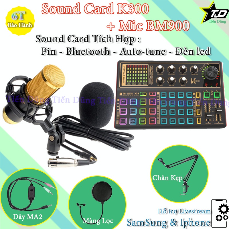 Bộ Mic thu âm BM900 sound card k300 có autu tune và bluetooth dây livestream MA2 chân kẹp màng lọc