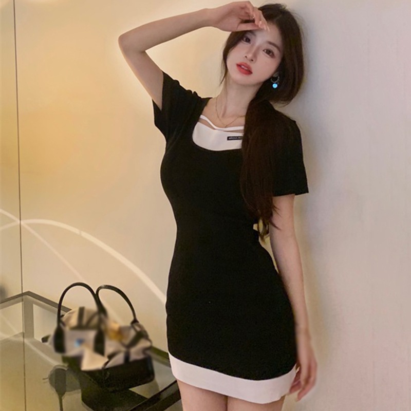 Đầm Dệt Kim Tay Ngắn Cổ Vuông Màu Sắc Tương Phản Thời Trang Mùa Hè Phong Cách Hàn Quốc Cho Nữ