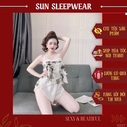 Đồ Ngủ Sexy Nữ 💖 VOAN MÁT 💖   Bộ Đùi Cột Dây Sau Quần Satin Phối Voan [ size 40<65kg] - Sun Shop