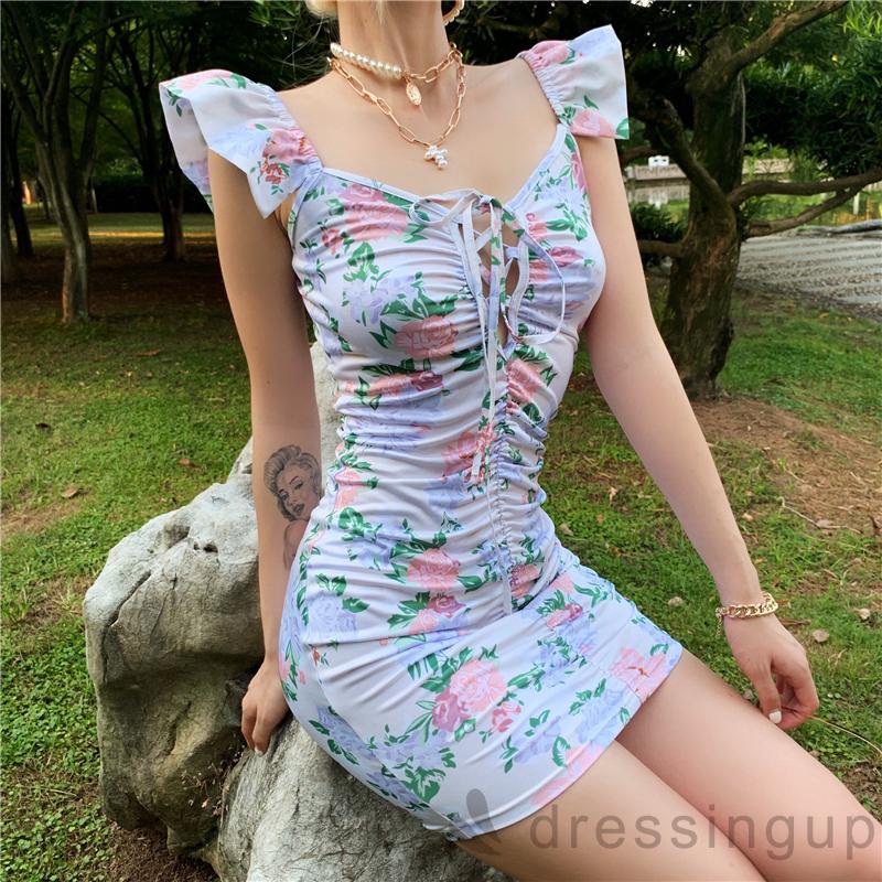 Đầm vai dây cổ chữ V in hoa quyến rũ cho nữ