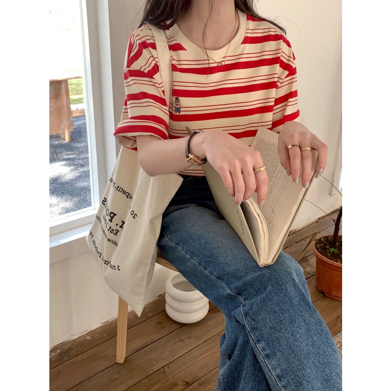 Áo Thun Tay Ngắn Họa Tiết Kẻ Sọc Thiết Kế Mới Thời Trang Mùa Hè Theo Phong Cách Hàn Quốc Cho