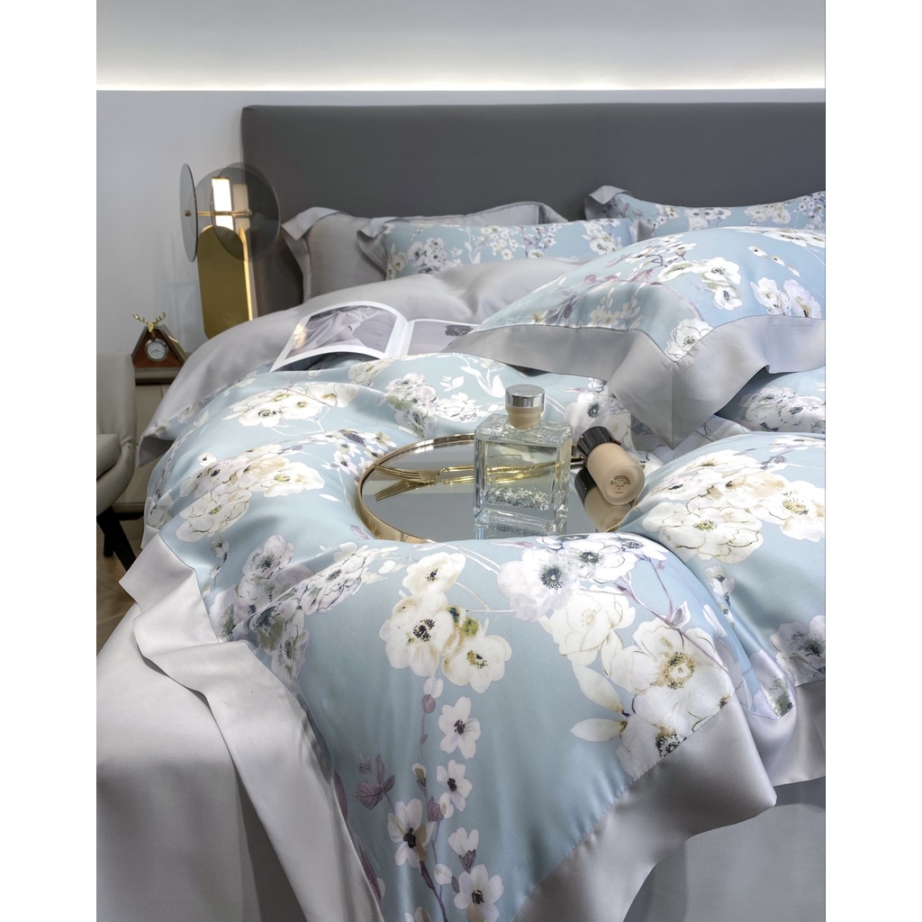 Bộ chăn ga gối 5 món 100%Tencel 60s, họa tiết Hoa hồng trắng thanh tao và sang trọng, chất liệu mềm mịn mát