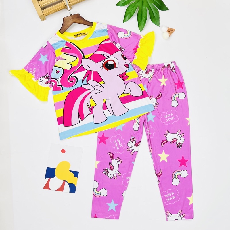 Đồ bộ bé gái size đại vải 3D thun lạnh áo tay ngắn quần dài phối sọc cầu vồng J474