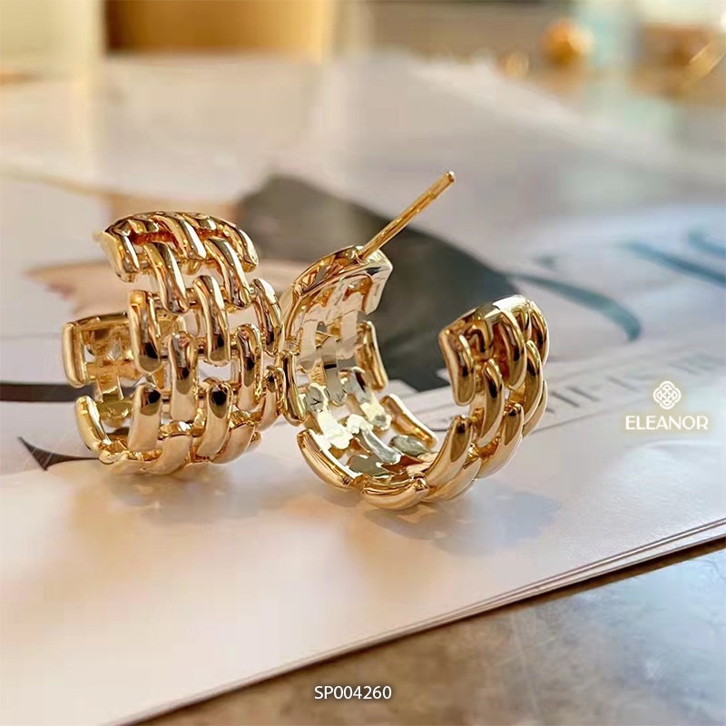 Bông tai nữ chuôi bạc 925 Eleanor Accessories viền dày hình lưới cong chữ C phụ kiện trang sức 4260